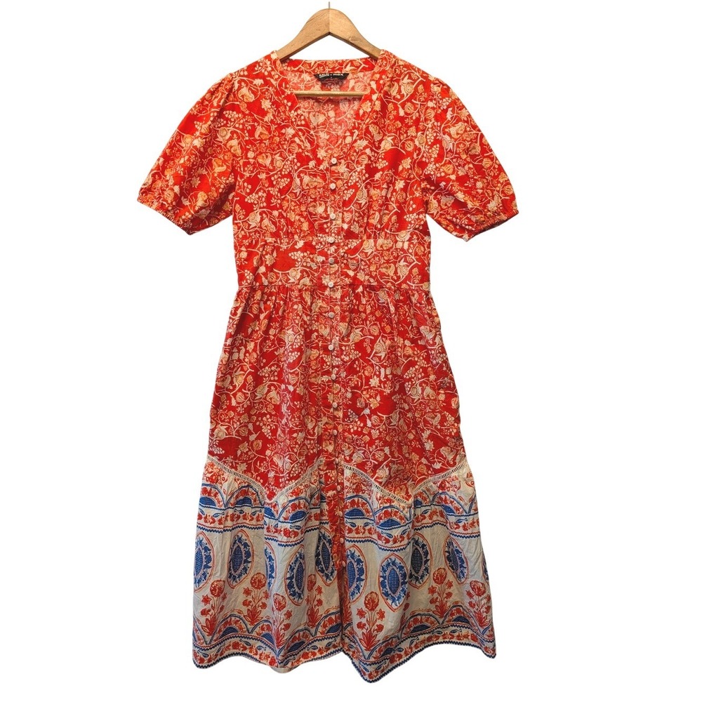 Kalki Koechlin x Max Midi Dress Womens L Red Floral Boho Puff Sleeve Excellent - Picture 2 of 14